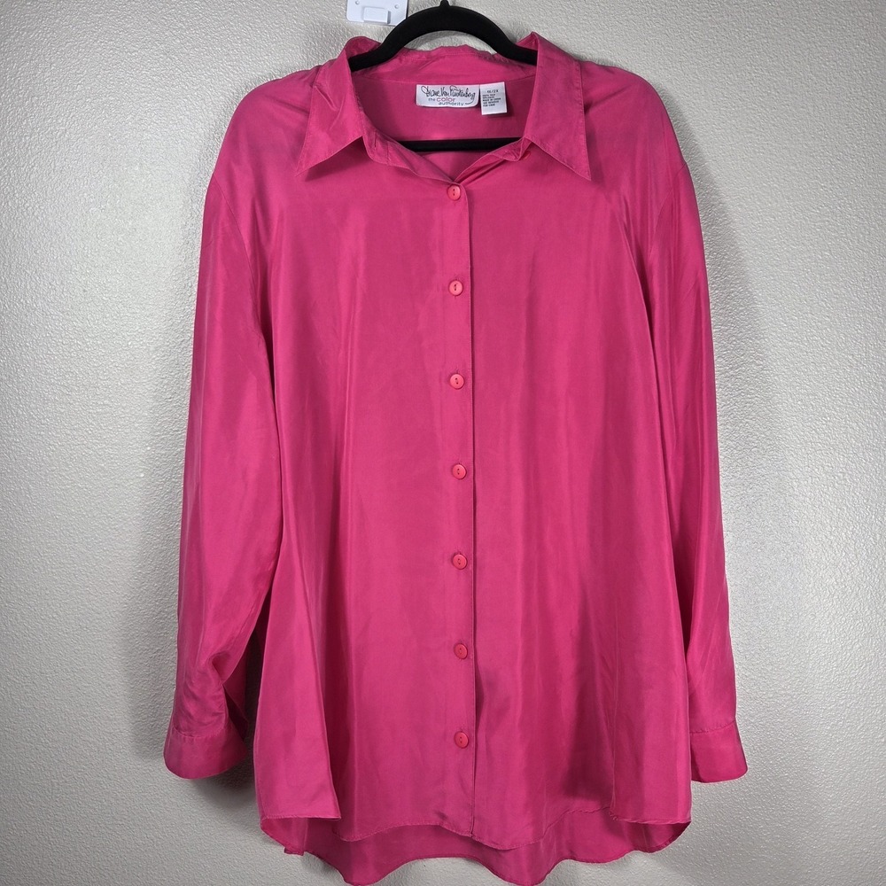 Diane Von Furstenberg 100% Silk Button Front Blouse Pink Fuchsia 1X 2X Plus Size